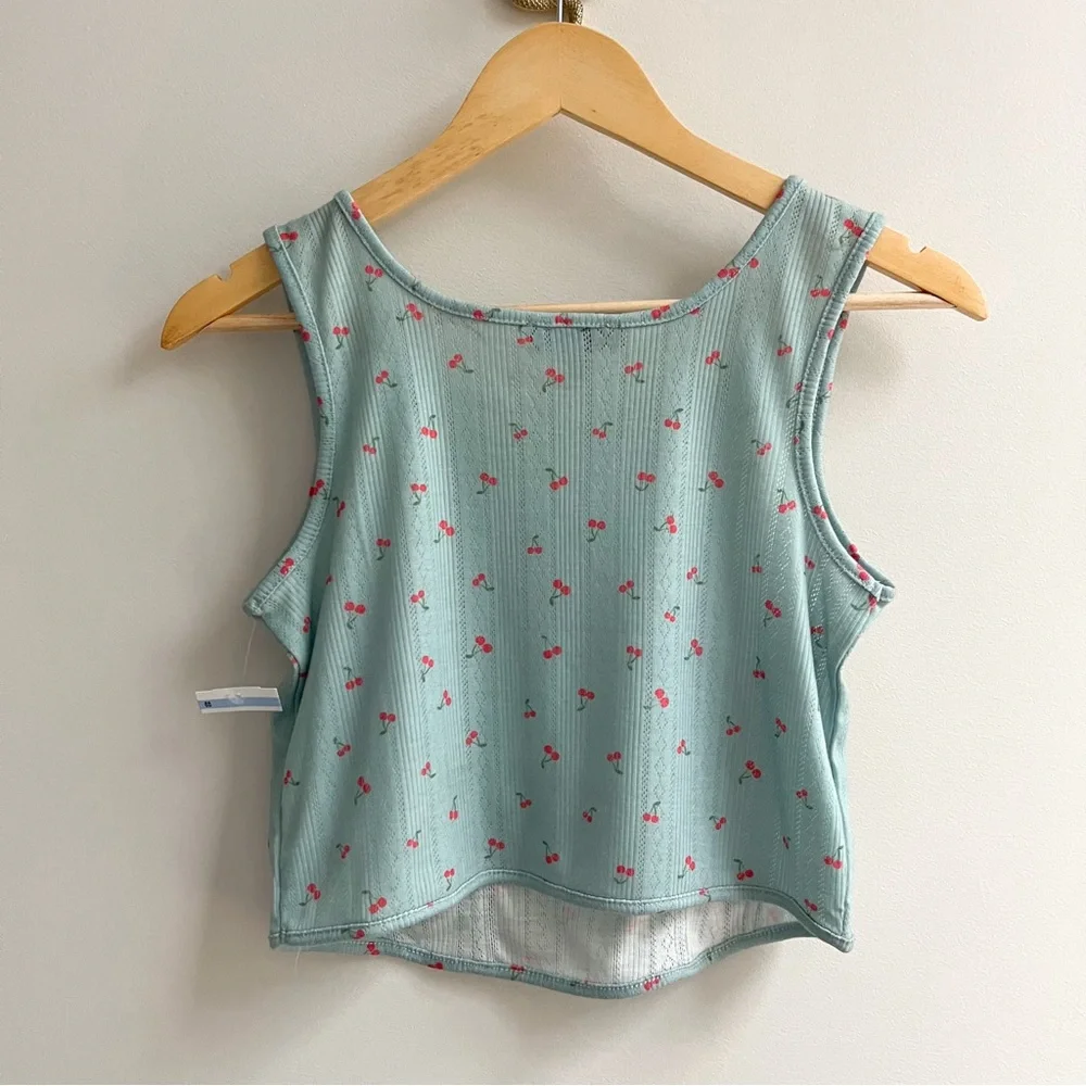 [freshman] cherry print corset seam pointelle tank top light blue XL